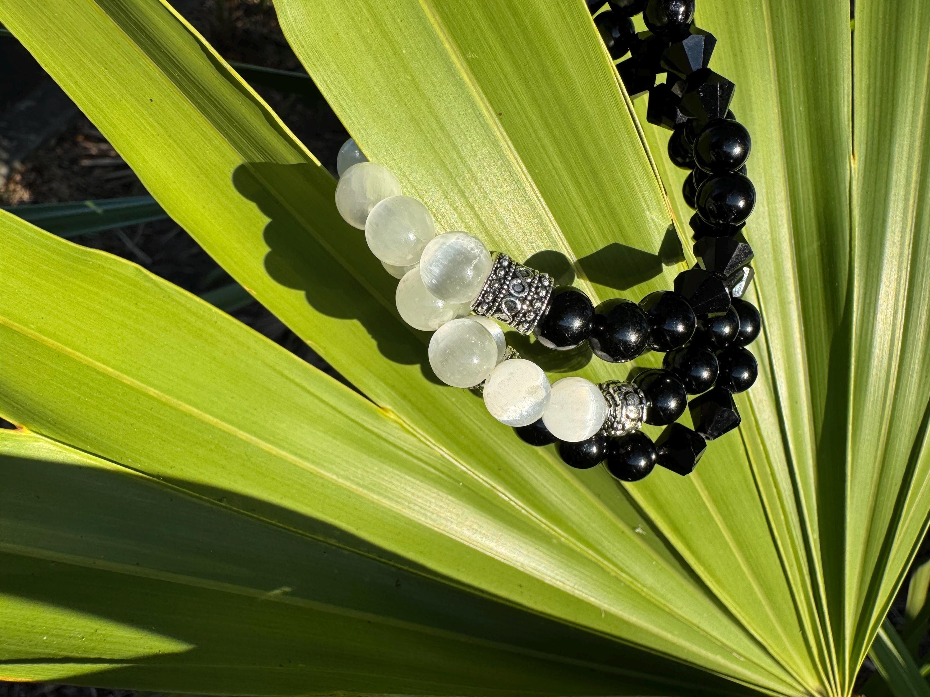 Selenite and Tourmaline bracelet, size medium, 8mm